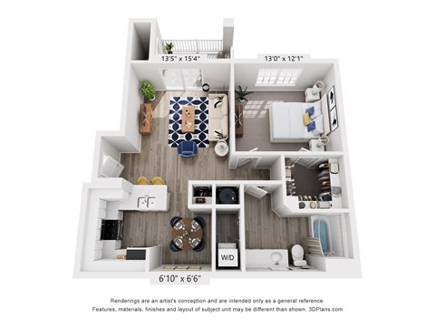 A 3D floor plan of a house with a living room, kitchen, dining room, and bathroom.
